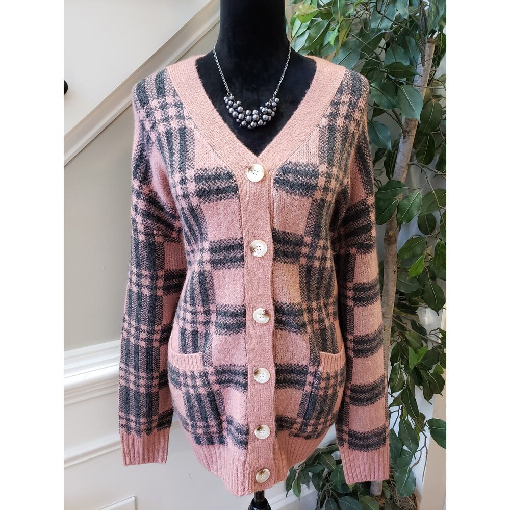 The Be Brand Cardigan Sweater Women's Medium Pink Plaid Stretch Button Front